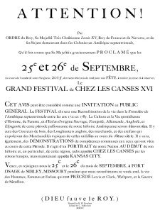 An invitation to attend the Grand Festival of Chez les Canses at Fort Osage from King Louis XV. Note: this invitation is written in French.