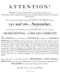 An invitation to attend the Grand Festival of Chez les Canses at Fort Osage from King George II.